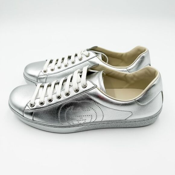 Gucci New GG Ace Silver Sneakers Interlocking G Trainers US Men’s Size 9 - Picture 5 of 12